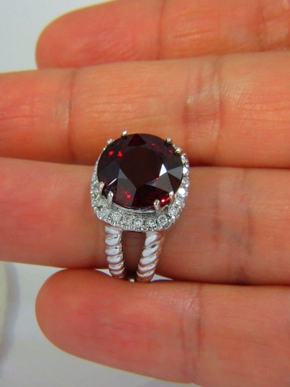 13.12CT NATURAL SPESSARTITE GARNET DIAMONDS RING VIVID RED 14KT ROPE TWIST* - Picture 4 of 6